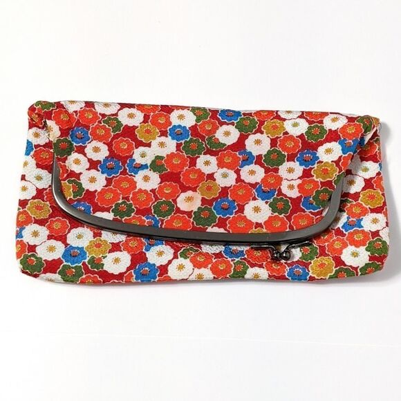 VINTAGE Foldover Orange Floral Kiss Lock Clutch - Picture 1 of 8